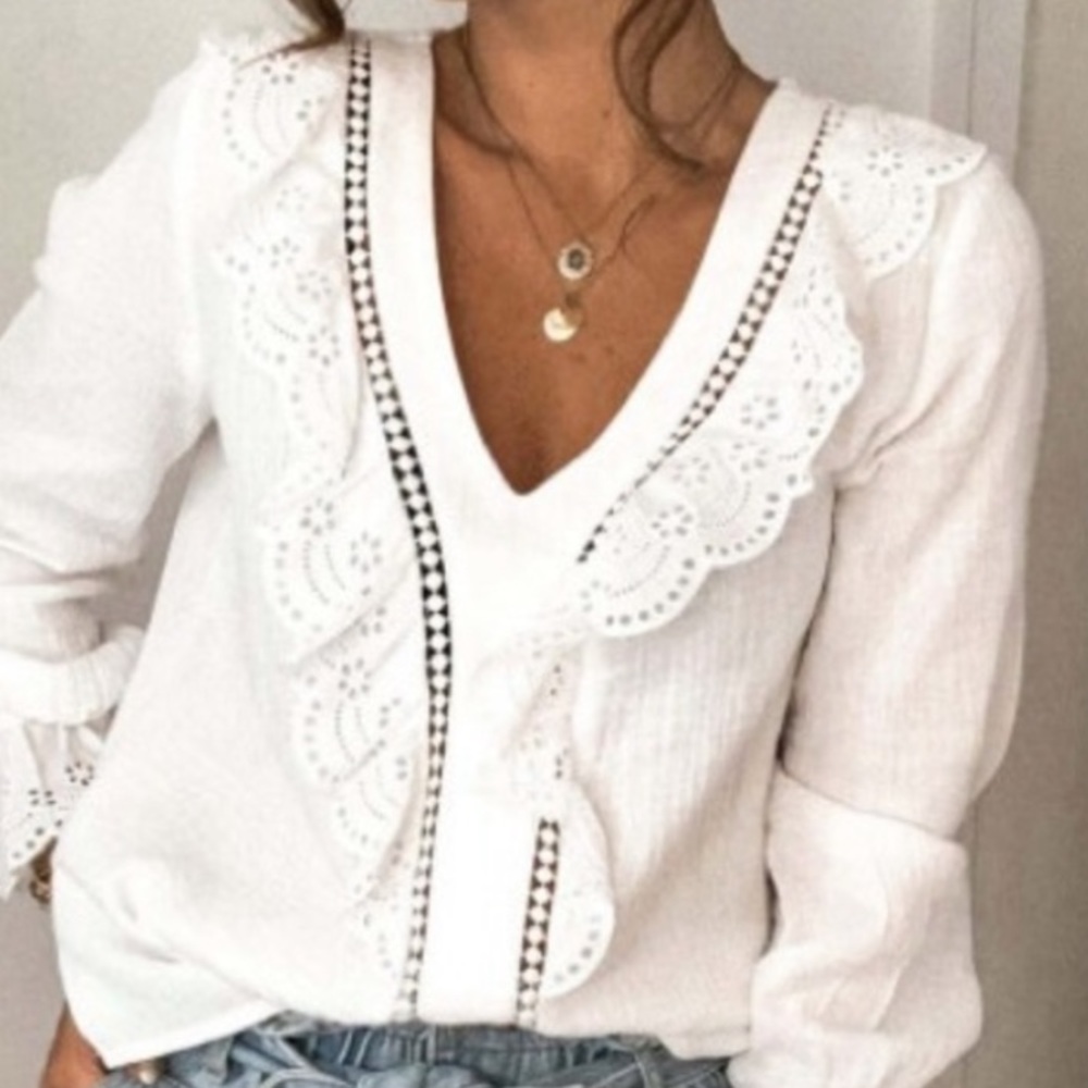 Victorian Stylish V Neck W/ Ruffle Lace Lining The Front & Sleeve Cuffs Blouse - Picture 2 of 5